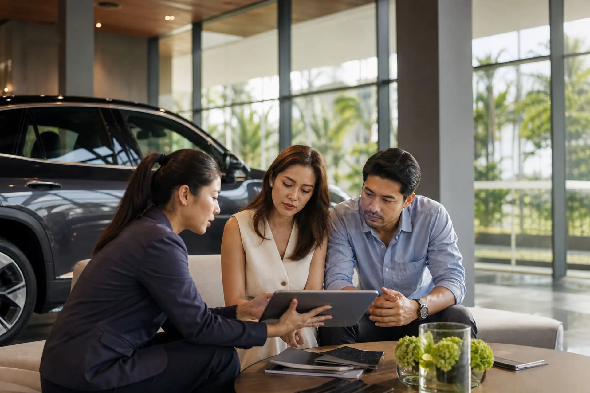 Sales advisor speaking with prospective vehicle buyers in a modern showroom
