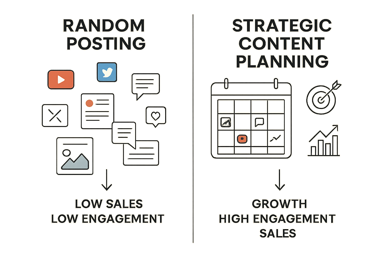 A_comparison_graphic_with_two_columns_one_side_for_Random_Posting_and_the_other_for_Strategic_Content_Planning_The_Random_Posting_column_shows_chaotic_social_media_icons_scattered_posts_and_no_clear_structure_with_an_arrow_pointing_to_m (1)