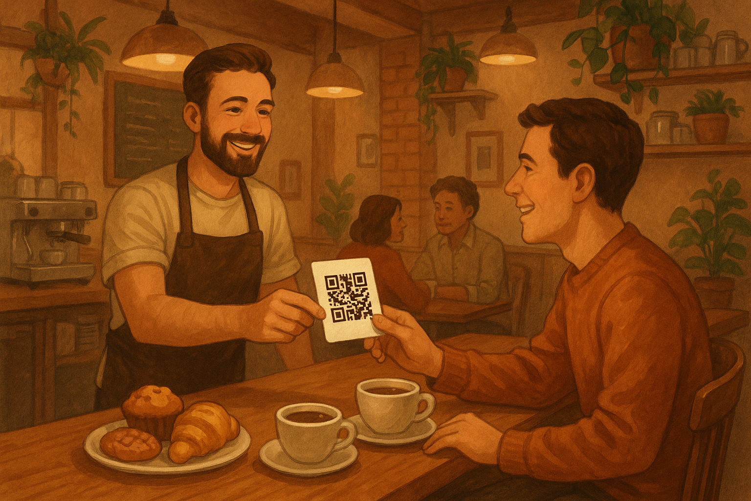 Café owner giving customers a printed card with a shortened link and QR code.
