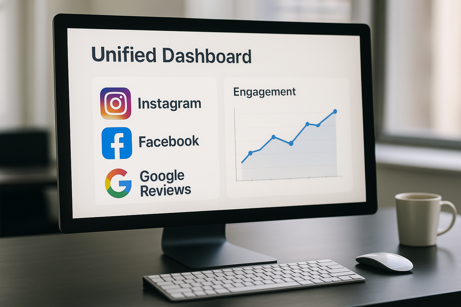 A social media management website dashboard showing analytics and a coffee shop's engaging Instagram feed.