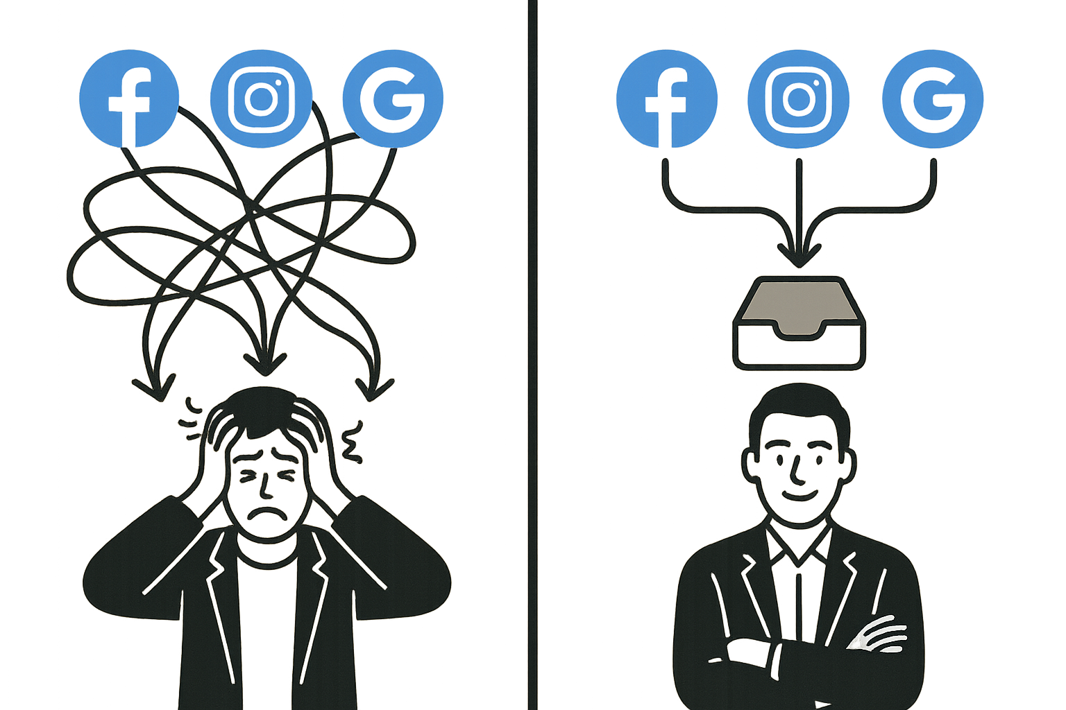 A graphic showing how to manage all your social media messages in one unified inbox versus the chaos of separate apps.