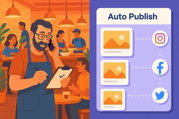 Busy restaurant owner while social media posts automatically publish in background