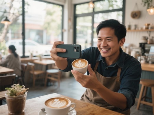 Southeast Asian cafe owner taking photos of latte art with smartphone
