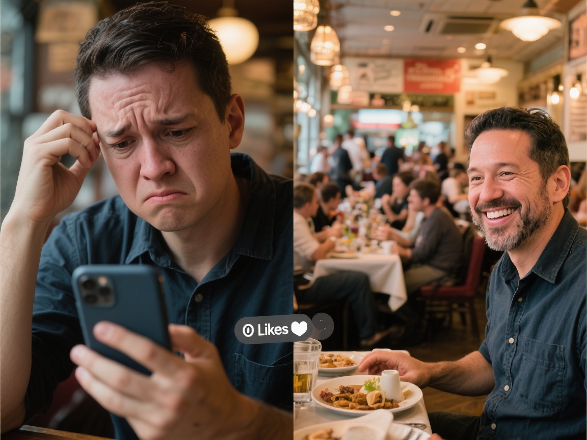  A before-and-after image showing how effective social media advertisements can transform a restaurant from empty to full.