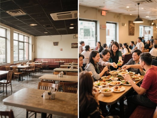 Before and after comparison: empty restaurant versus busy scene with customers enthusiastically sharing food