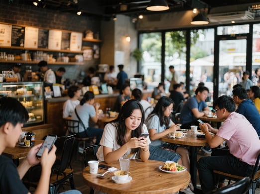 Busy Southeast Asian café scene with customers using smartphones