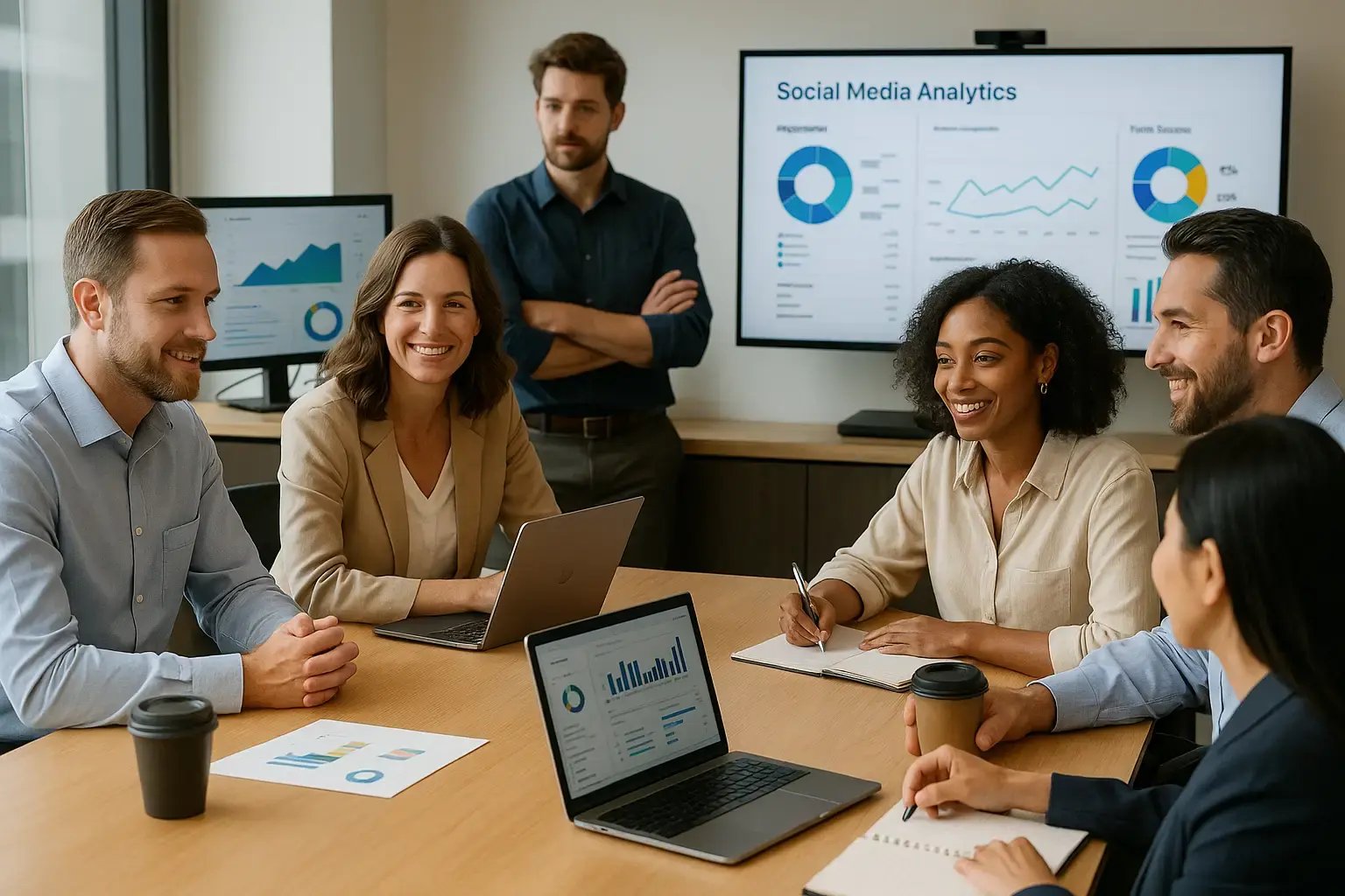 In-house marketing team collaborating on social media strategy with data analytics displayed