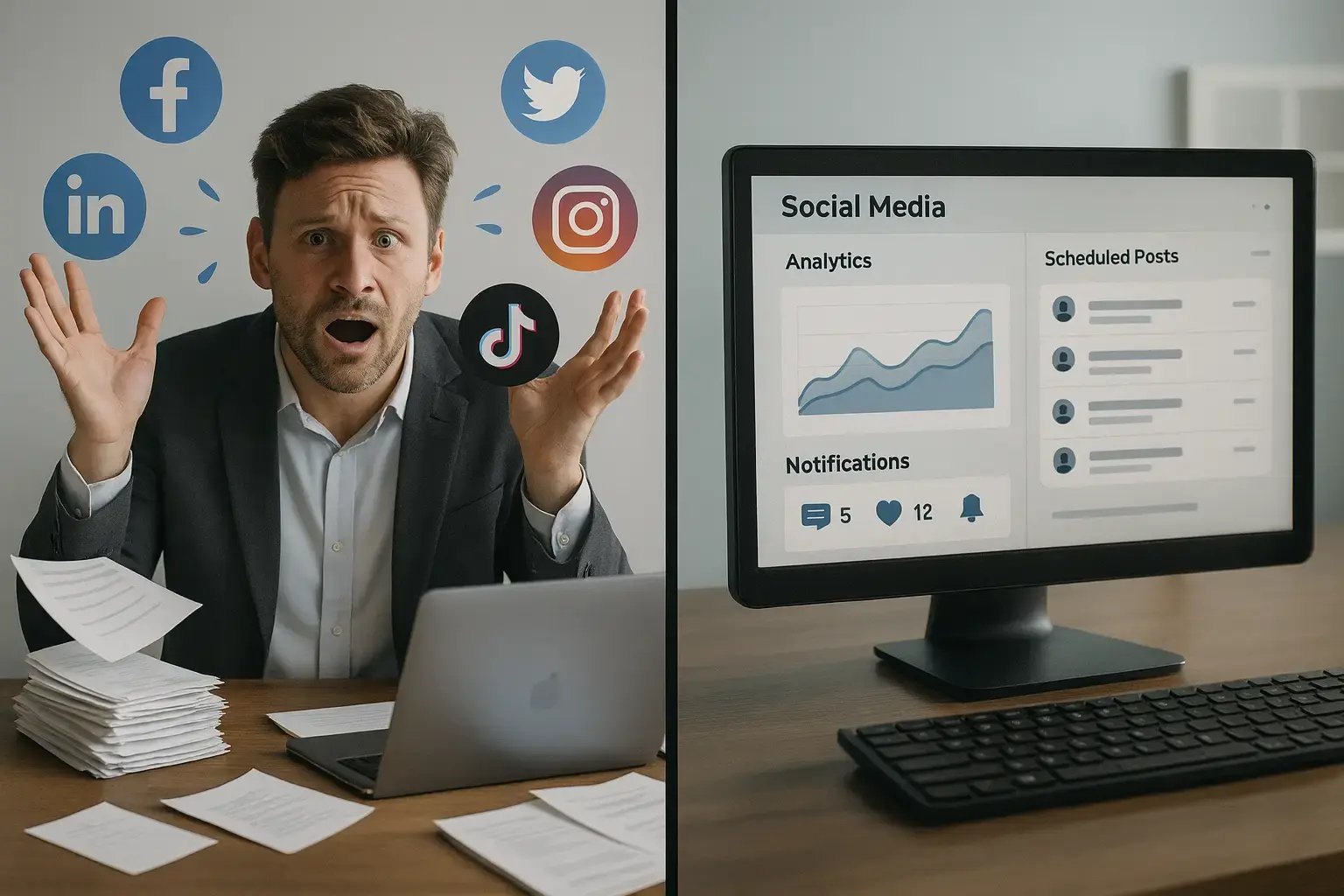 Comparison between chaotic DIY social media management and organized professional approach