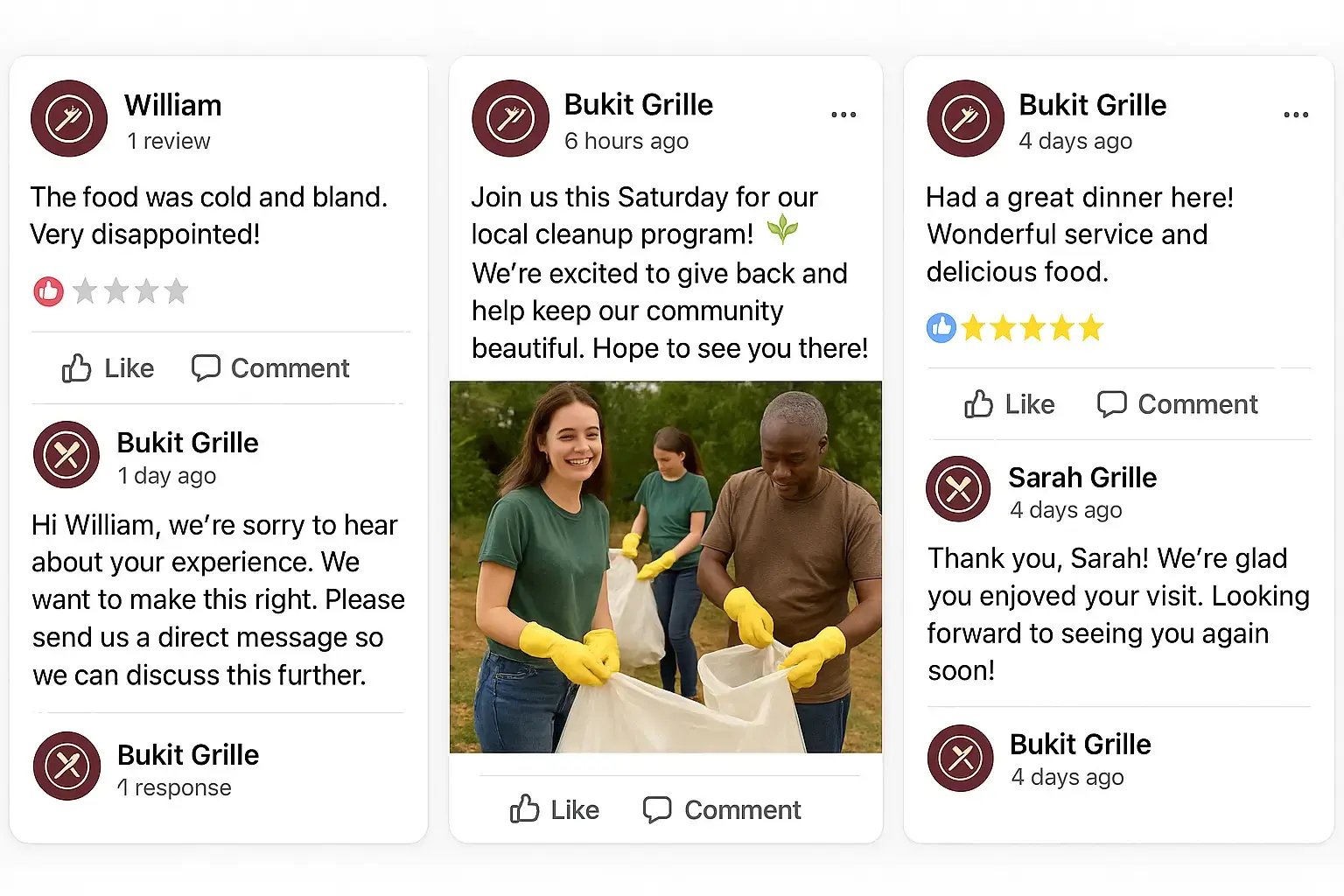 Corporate Facebook community management examples showing professional customer service responses, community building initiatives, and reputation management for local restaurant social media