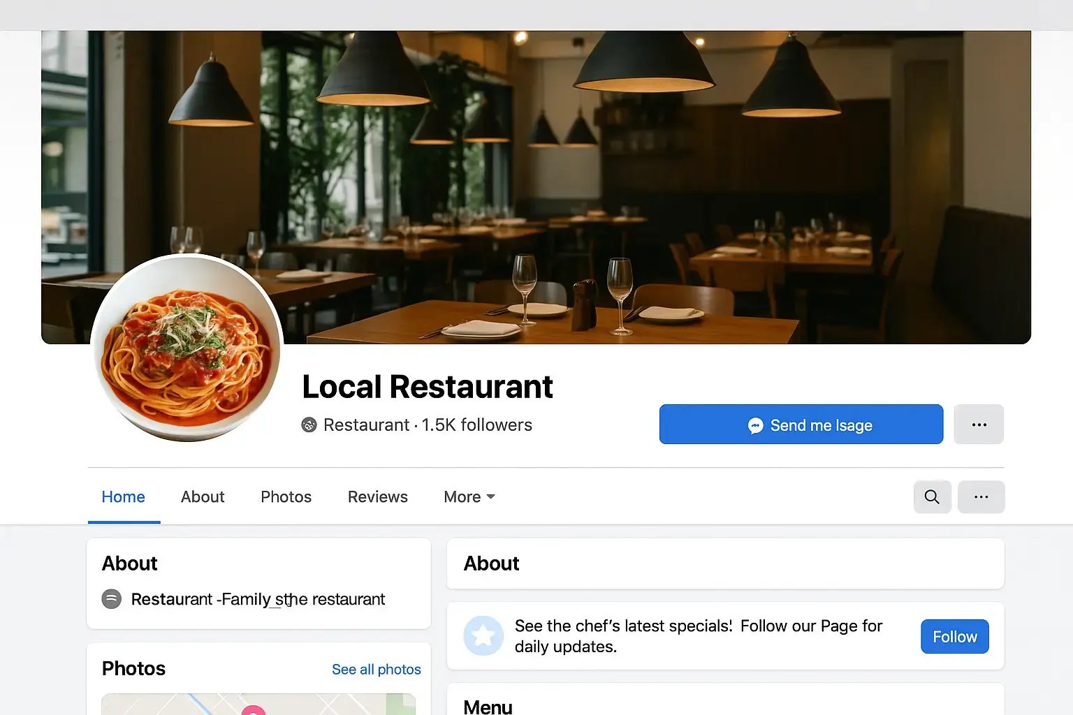 Professional corporate Facebook Business Page example showing complete business information, branded cover photo, action buttons, and customer engagement features for local restaurant marketing