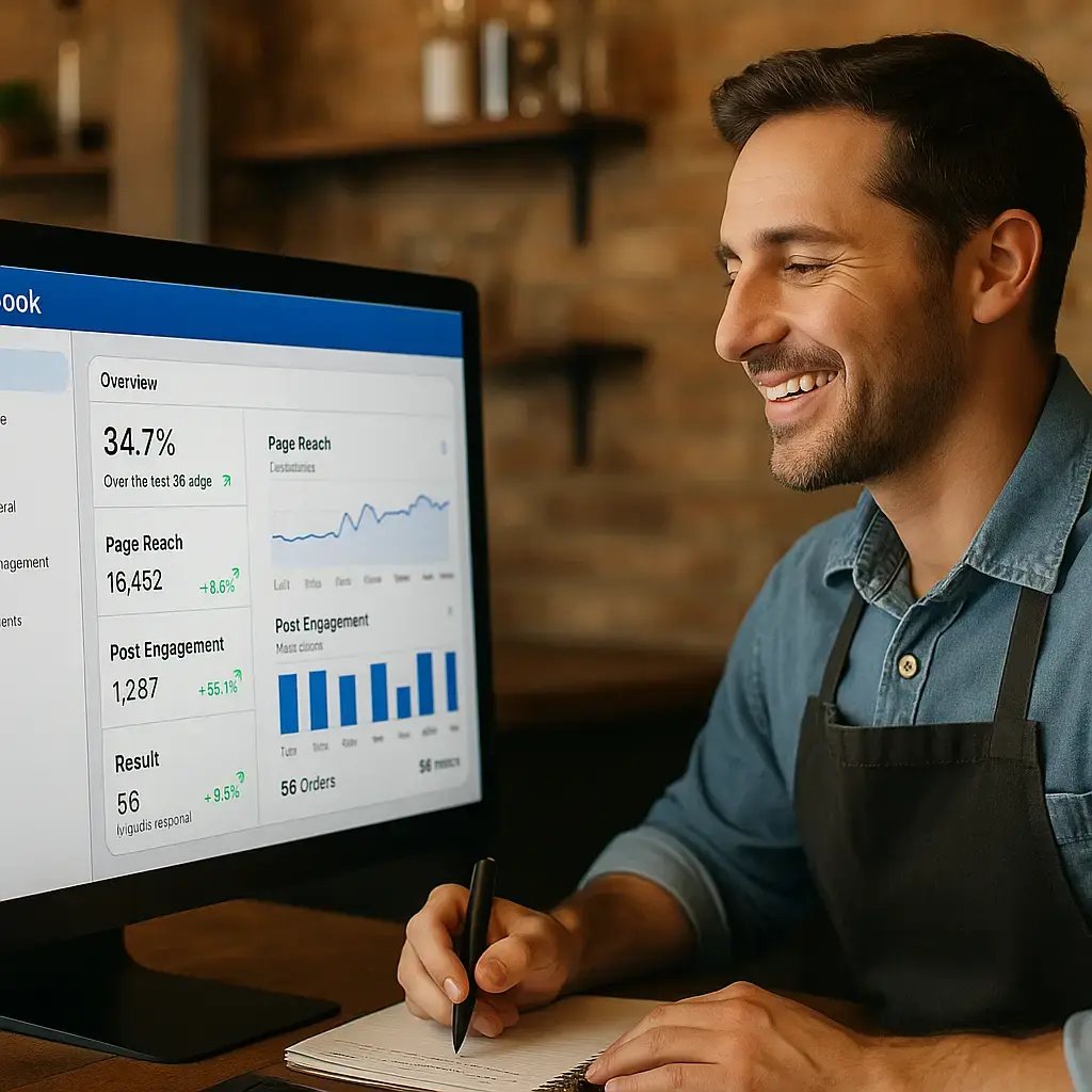 Local business owner reviewing corporate Facebook analytics dashboard displaying engagement metrics, customer interactions, and business growth indicators for restaurant social media success