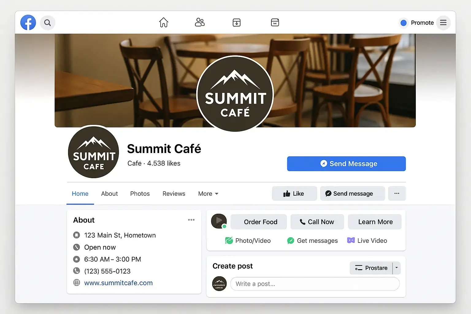 Facebook Business Page dashboard showing professional branding elements, action buttons, and customer interaction features optimized for local hospitality business