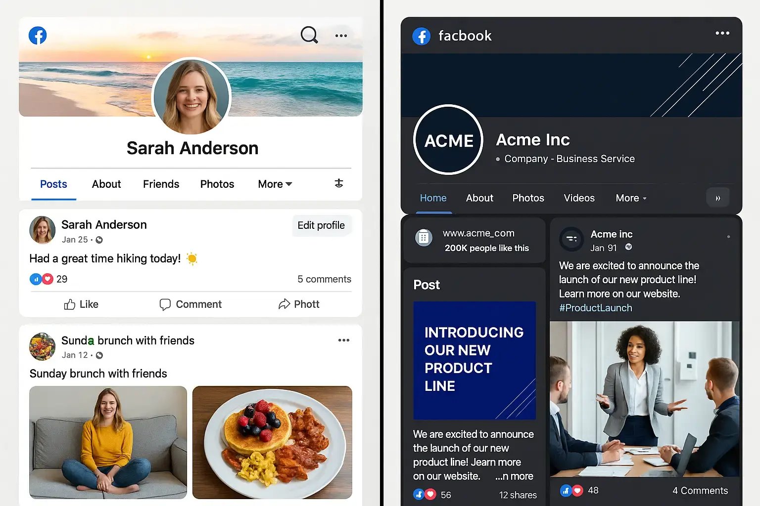 Comparison between personal Facebook profile and professional Facebook company account showing difference in presentation, credibility, and business information for local restaurants