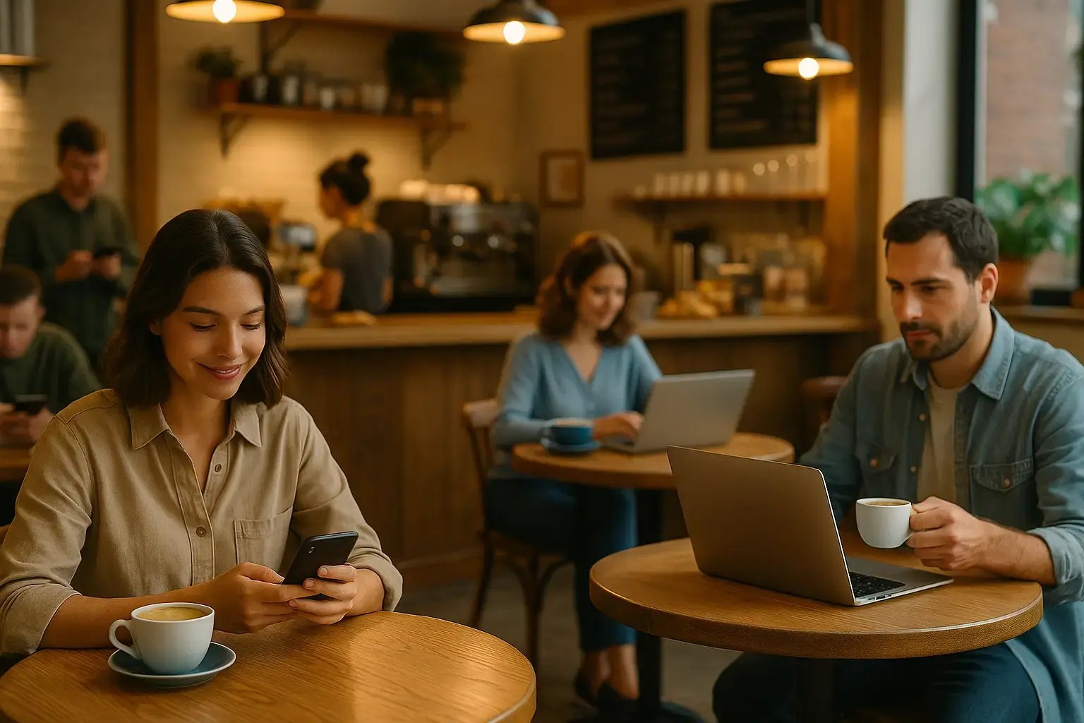 Customers enjoying coffee while engaging with social media in a cozy coffee shop setting