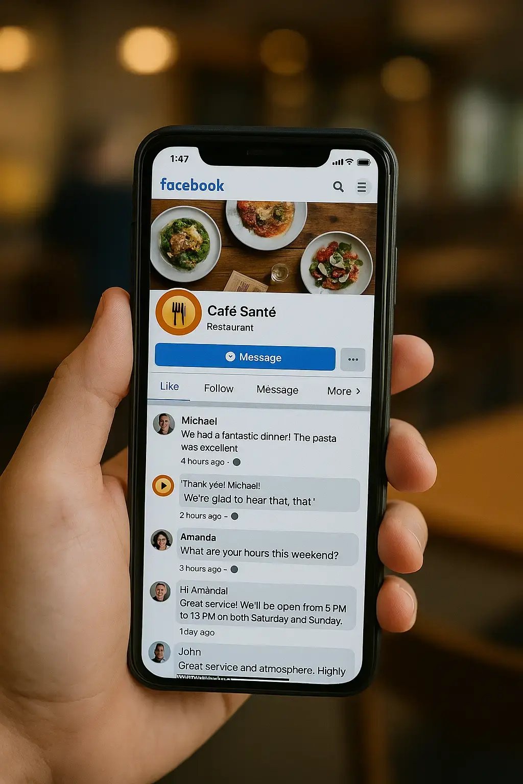Mobile view of Facebook business page showing active customer engagement and timely business responses