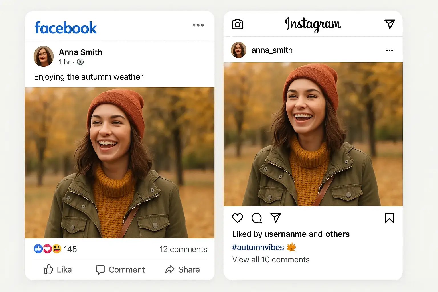 Comparison of social media post adaptations for Facebook and Instagram