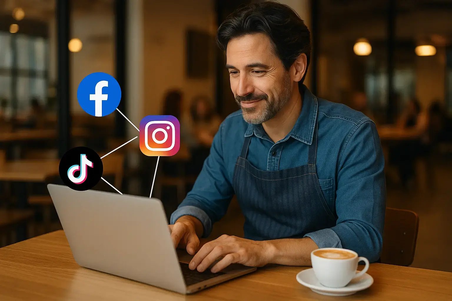 Café owner scheduling posts across different social media platforms