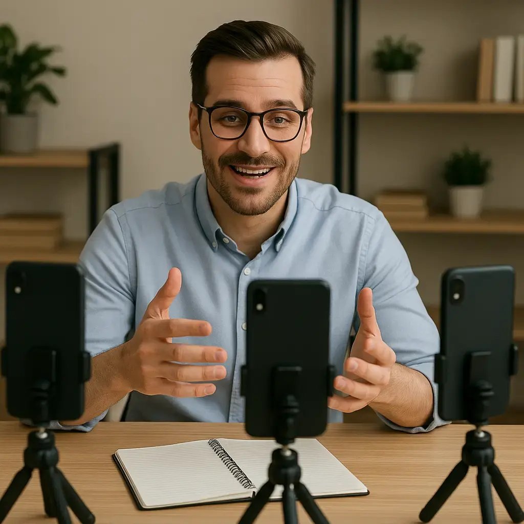 Café owner recording social media content in batches