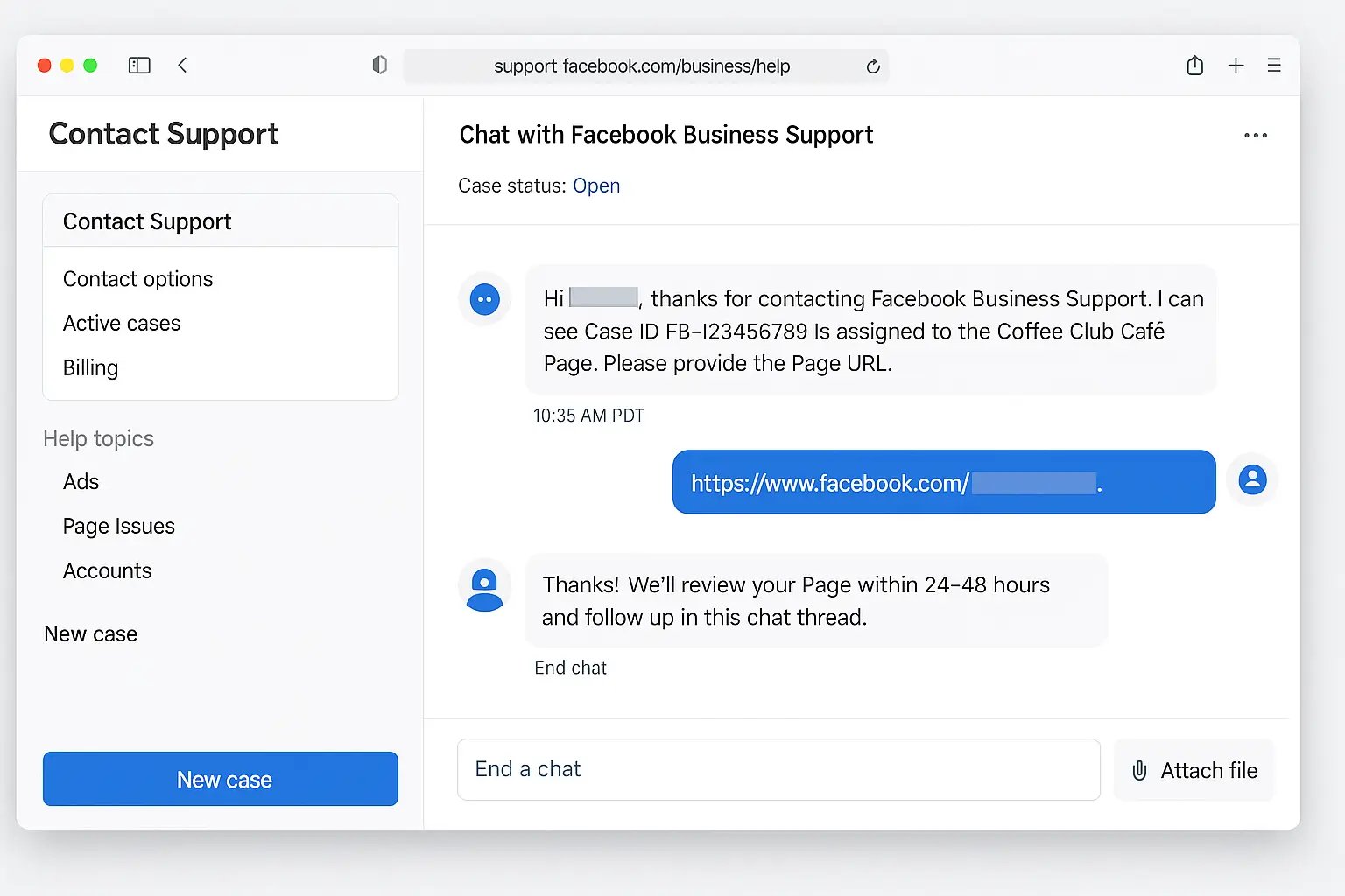 Facebook Business Help Center live chat support