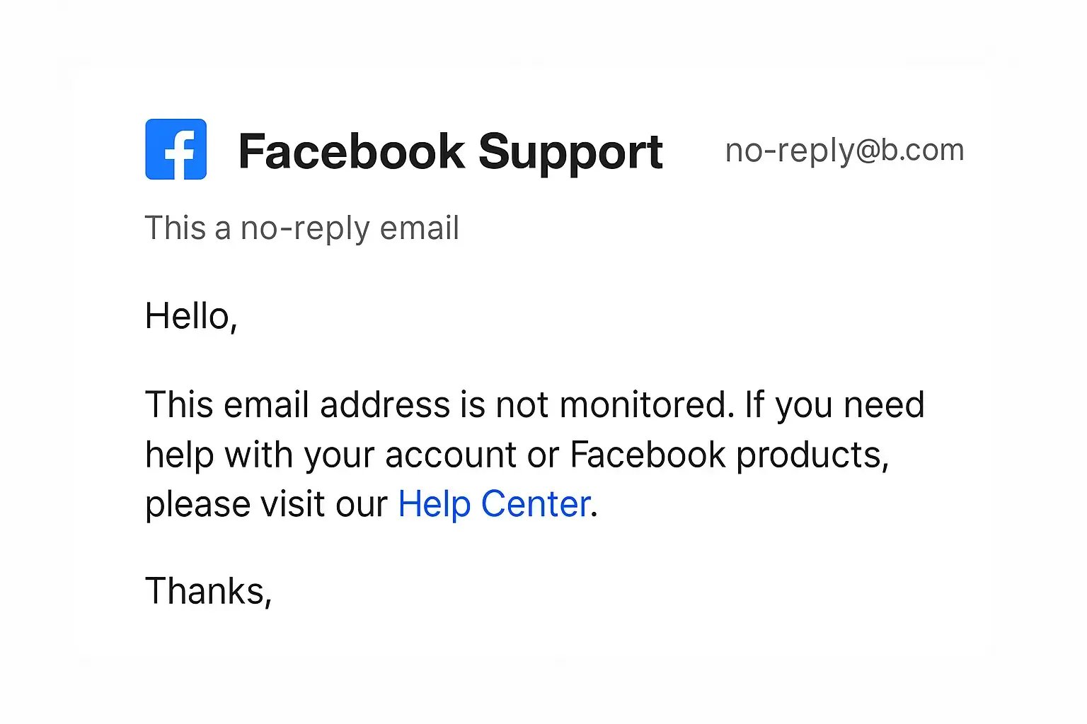 Example of automated Facebook email reply