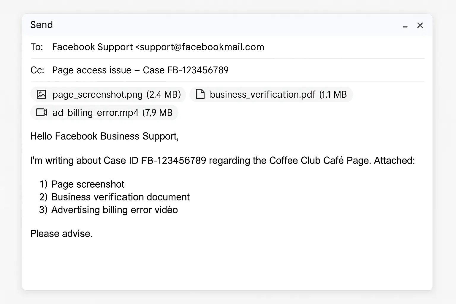 Example of business owner drafting support email to Facebook