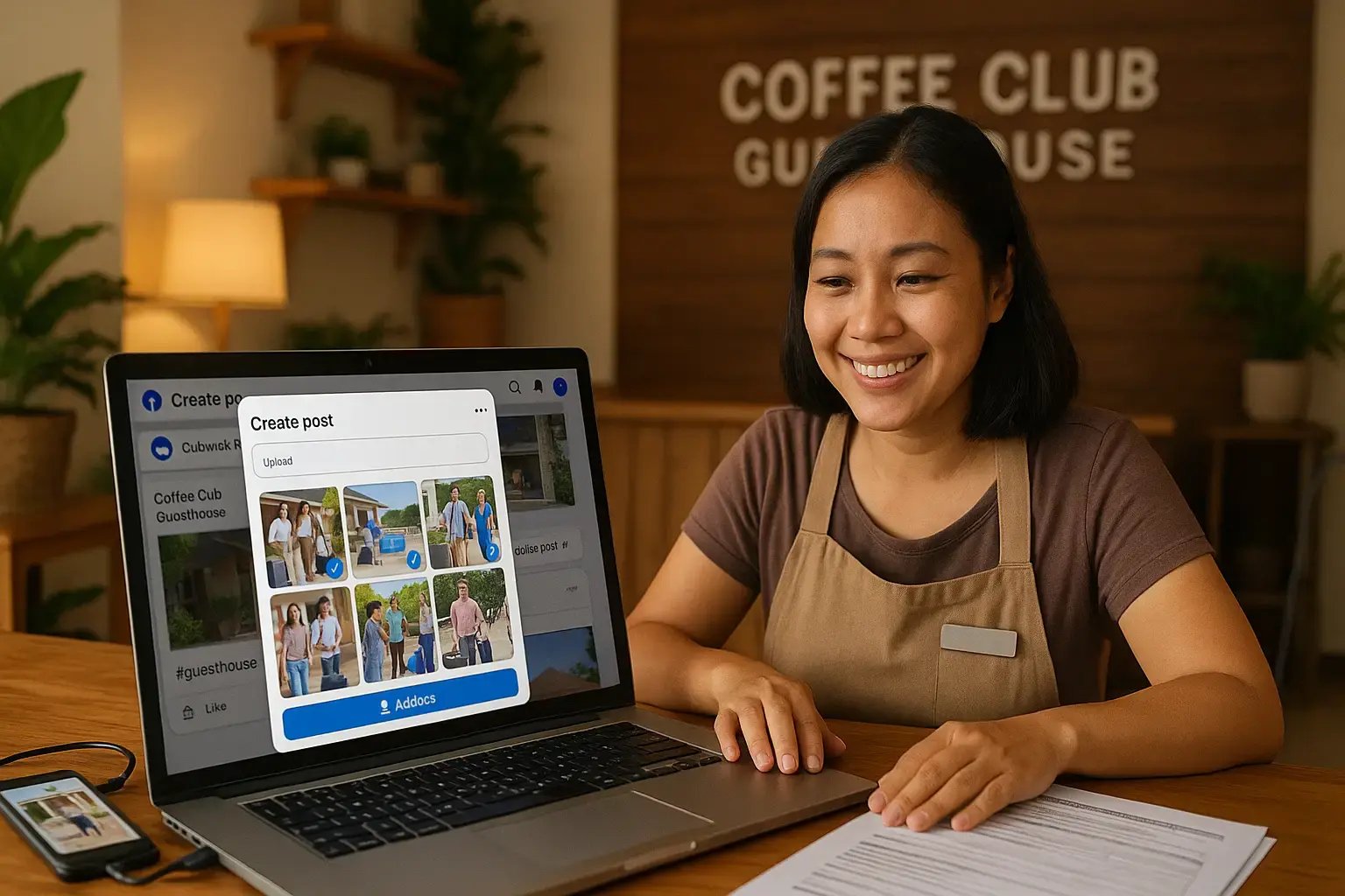 Guesthouse owner updating Facebook Page with customer photos
