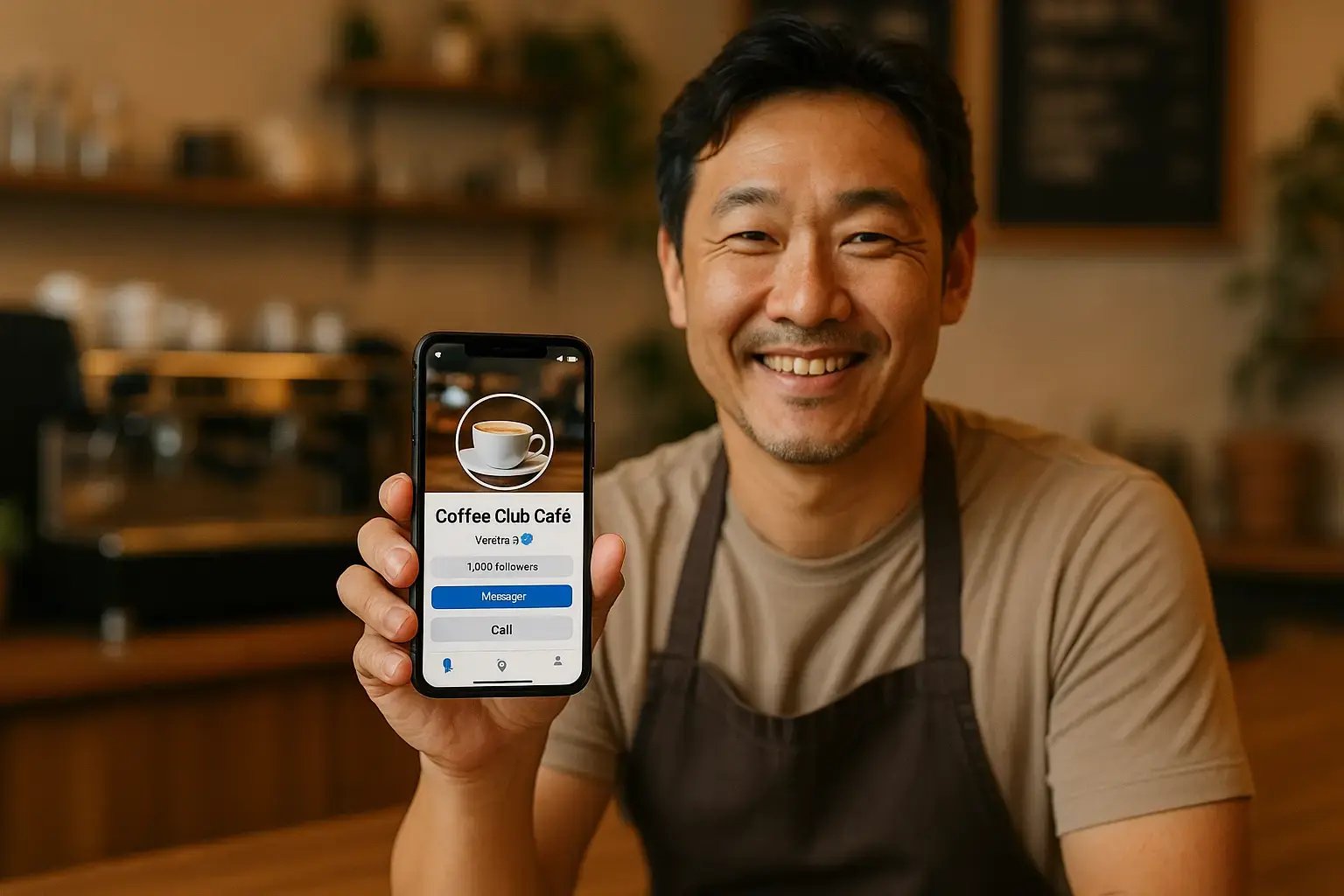 Café owner showing verified Facebook Page with blue check badge