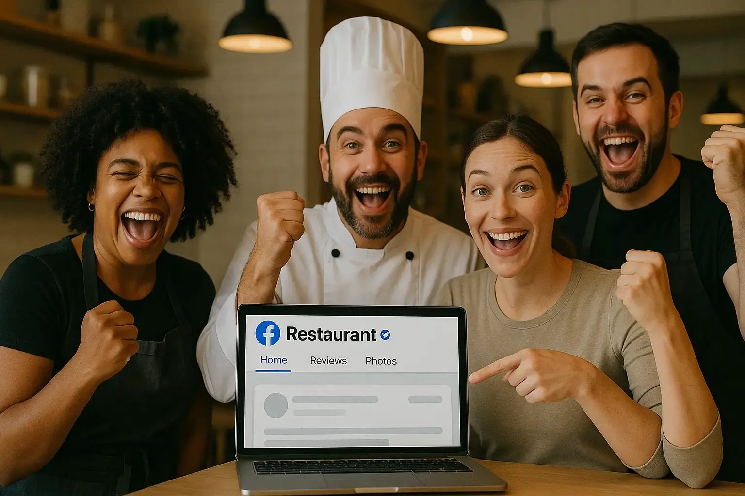 Restaurant team celebrating after Facebook Page verification