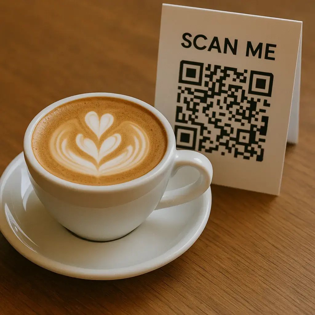 QR code on café table for loyalty club signup.
