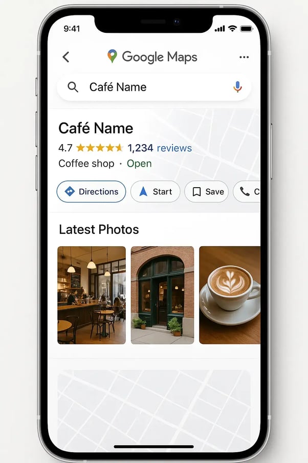 Café Google Business Profile with reviews and updated photos.