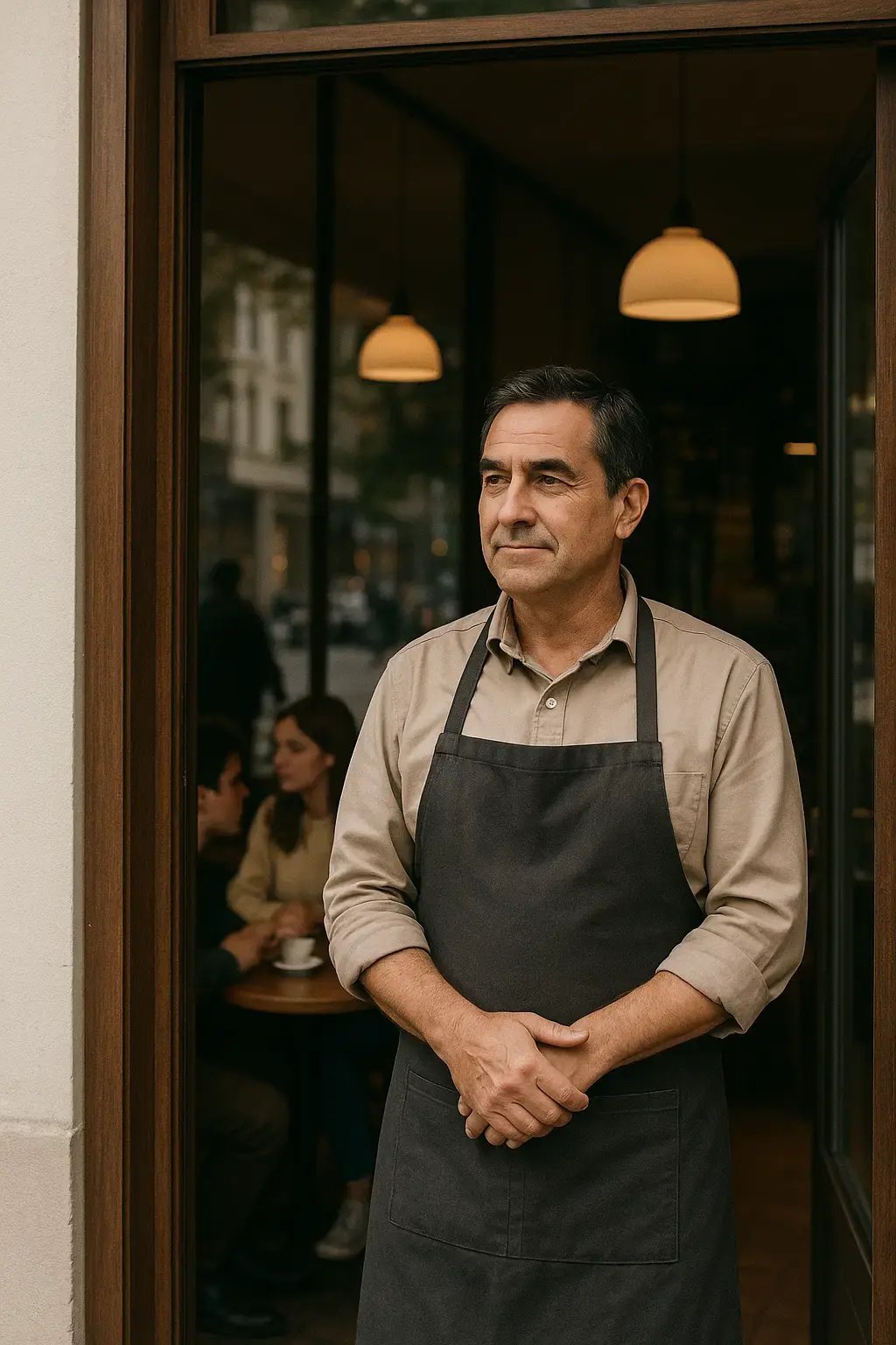 Café owner looking at customers inside and pedestrians outside the shop.