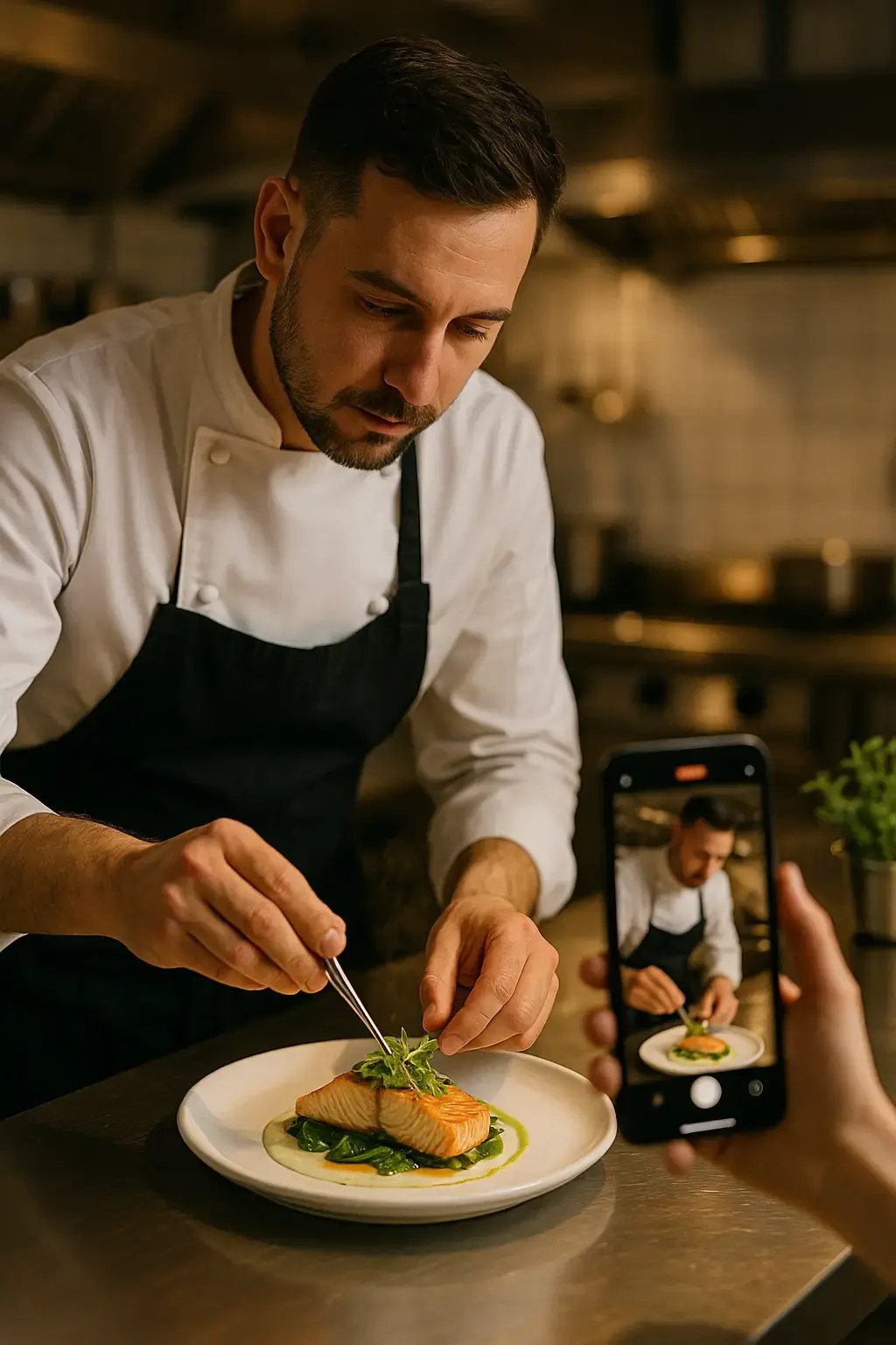 Chef plating food while someone films with phone] Alt text: Restaurant creating casual social media content