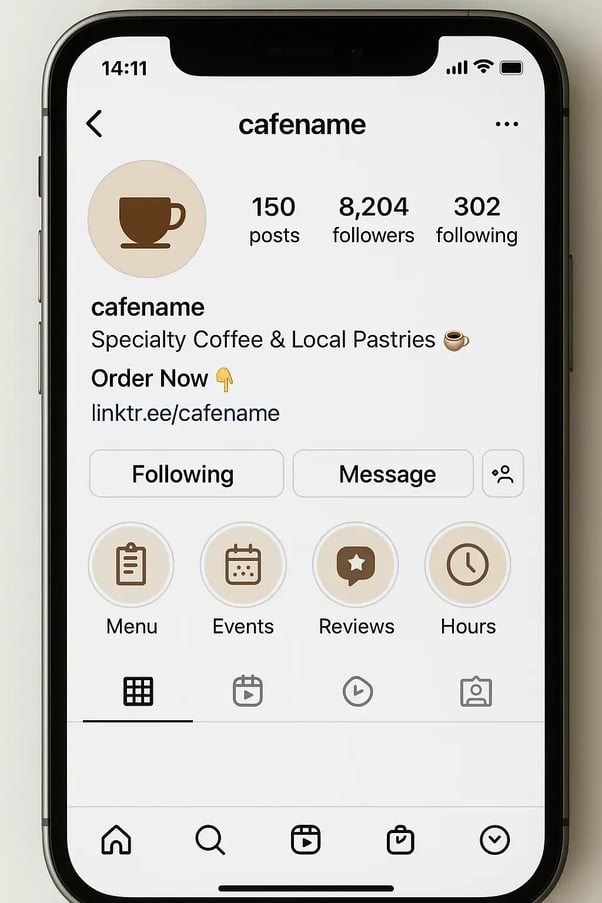 Instagram bio showing a clear CTA with link to booking page