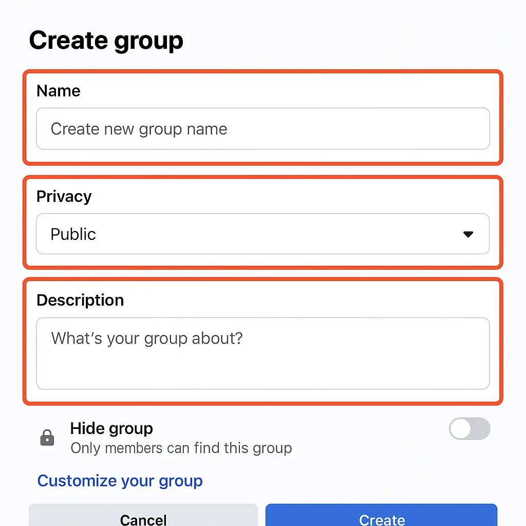 Facebook create group setup page with details filled in.