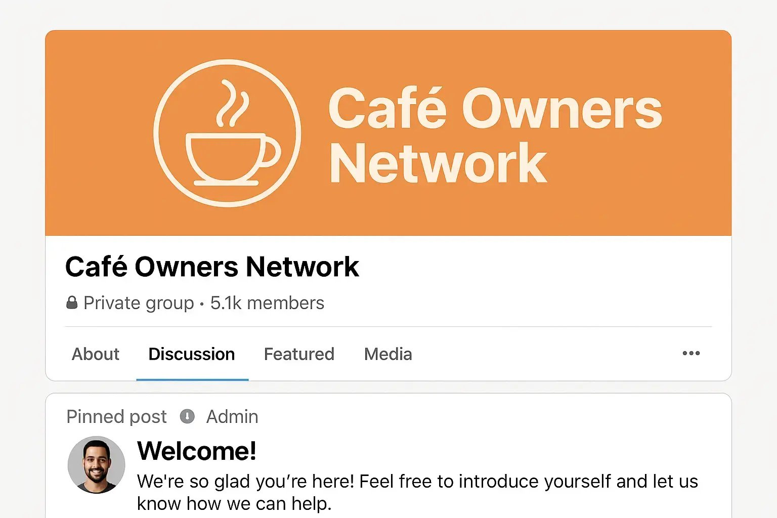 Business-branded Facebook group with rules and welcome post.
