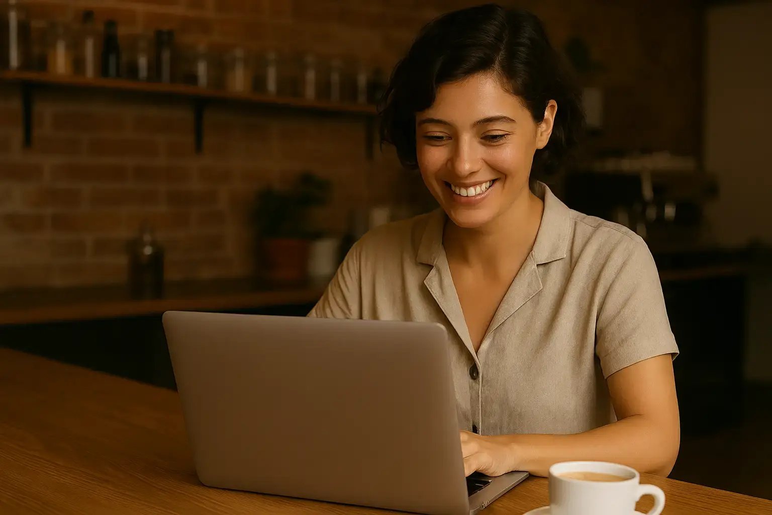 Café owner managing Facebook Group on laptop.