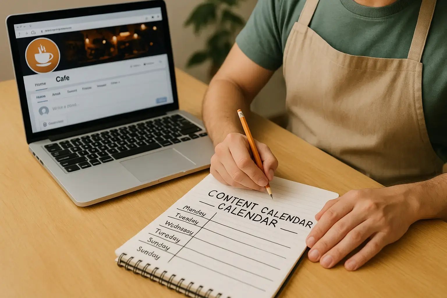 Small business owner planning social media content with a calendar