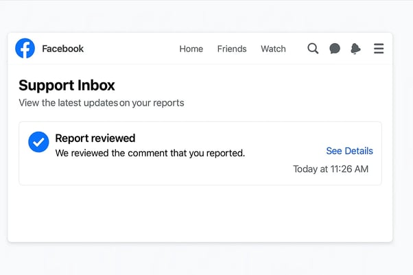 Support Inbox showing case update on reported post