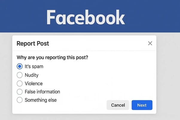 acebook report post dialog with reasons list