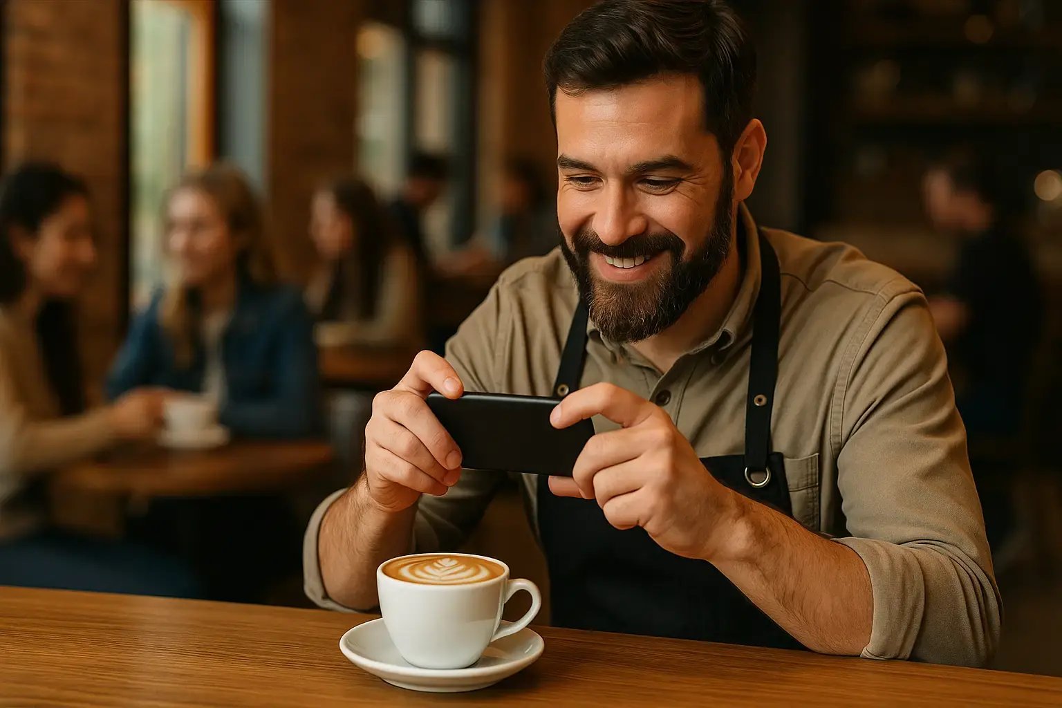 Coffee shop owner posting latte art photo on Facebook page
