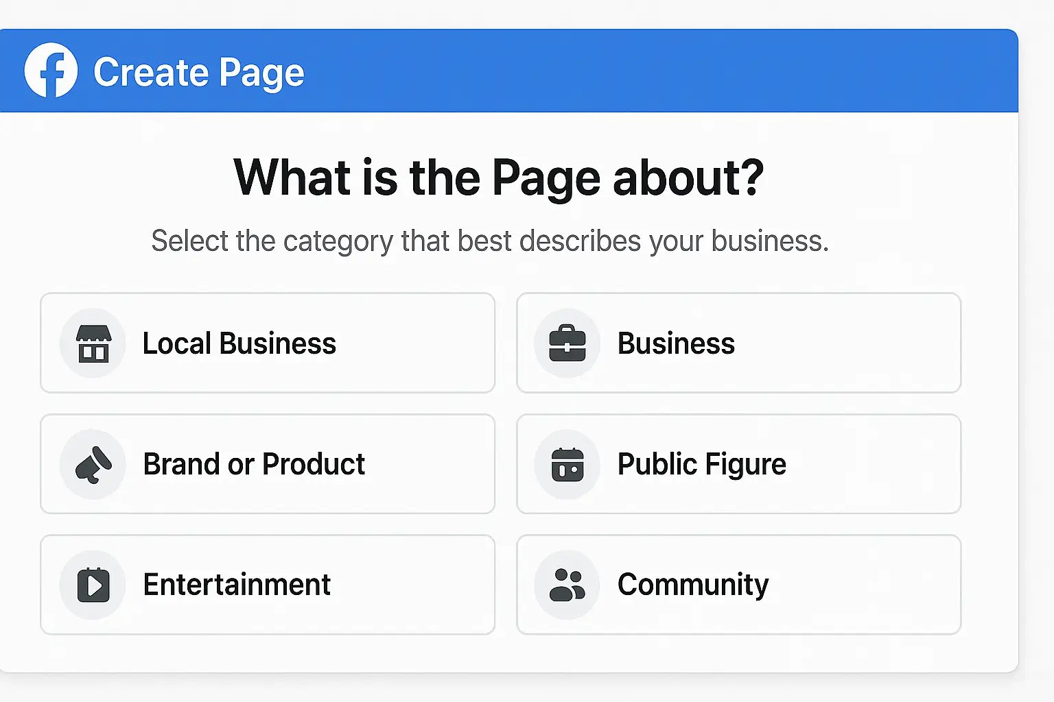 Facebook create page screen with business setup options