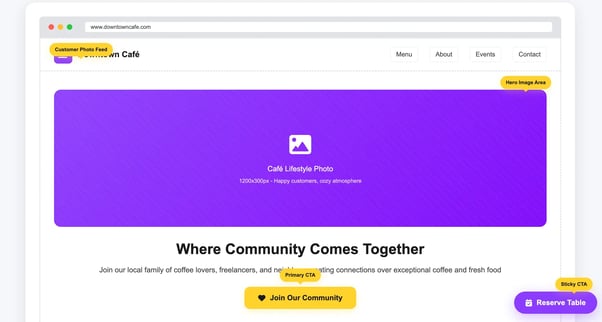 Local café social website layout with community feed and reservation CTA.
