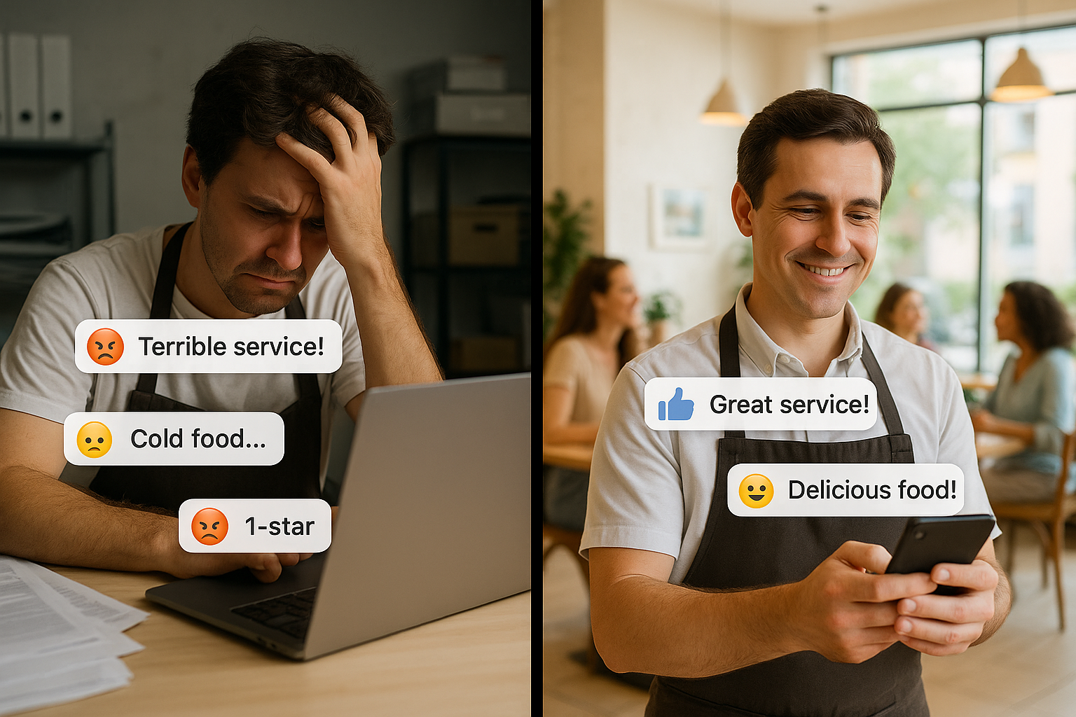 Restaurant owner transforming negative social media feedback into positive customer relationships