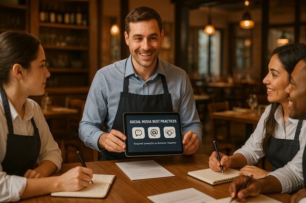 Restaurant staff training session on social media customer service protocols