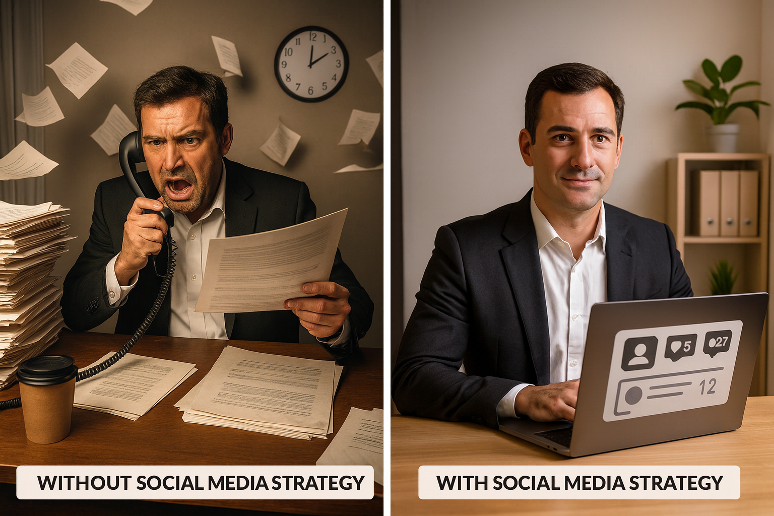 Business owner transforming from overwhelmed to confident with organized social media strategy