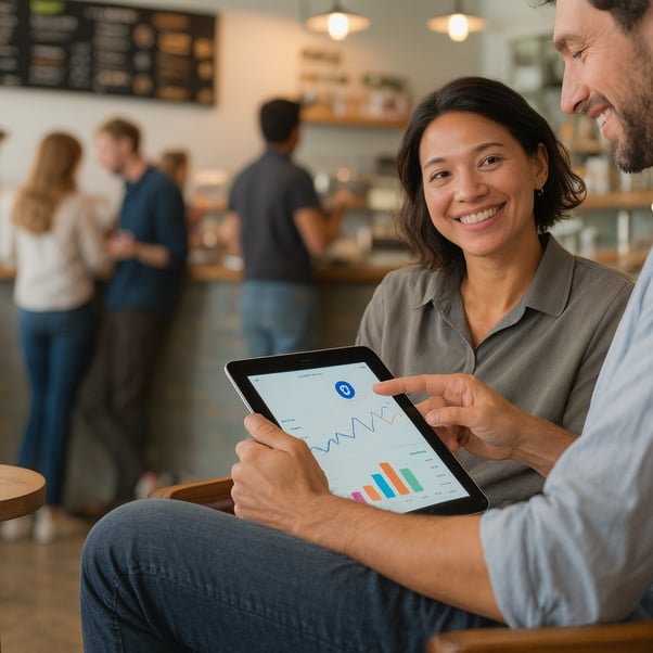 Business owner analyzing social media performance data to optimize strategy for better customer engagement