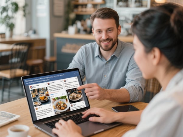 Business owner evaluating posting service content samples with provider representative