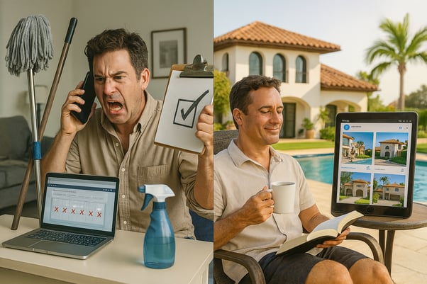 Vacation rental owner managing property operations while professional social media content runs automatically