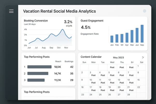 Vacation rental analytics dashboard displaying social media performance metrics and booking conversion data