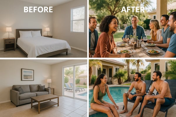 Comparison of basic property photos versus engaging guest experience content for vacation rental marketing